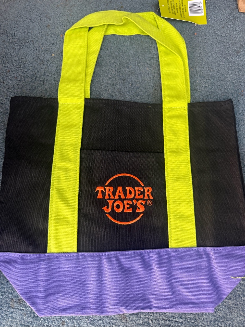 Black Tote Bag with Lime Handles and Purple Base